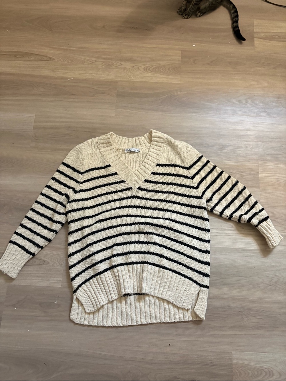 Zara Cream and Black Striped V-Neck Sweater